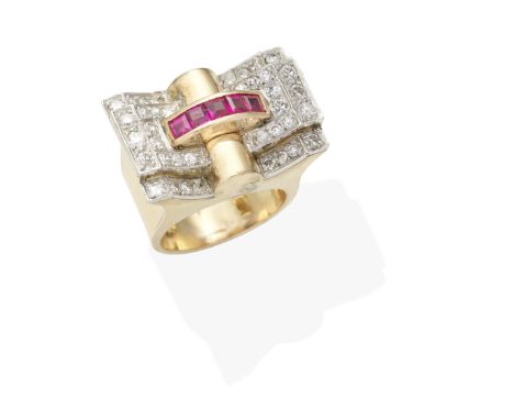 SYNTHETIC RUBY AND DIAMOND ODEONESQUE RING, CIRCA 1940Synthetic step-cut rubies and single-cut diamonds, diamonds approx. 0.9