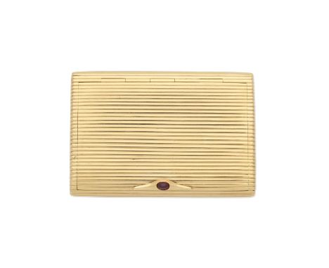 GOLD CIGARETTE CASE,  CIRCA 1943With fluted decoration and synthetic ruby cabochon thumbpiece,  maker's mark WP, Finnish hall