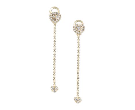 CHOPARD: 'HAPPY DIAMONDS' PENDENT EARCLIPSEach heart-shaped surmount with glazed compartment, suspending a heart-shaped penda