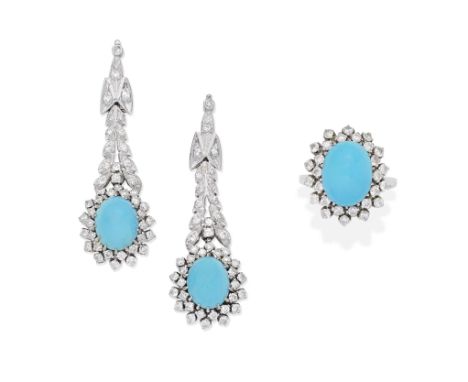 TURQUOISE AND DIAMOND CLUSTER RING AND PENDENT EARRINGSEach oval turquoise and brilliant-cut diamond cluster, beneath a simil