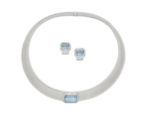 AQUAMARINE AND DIAMOND GASPIPE NECKLACE AND EARCLIP SUITEThe collar necklace set with the step-cut aquamarine within a baguet