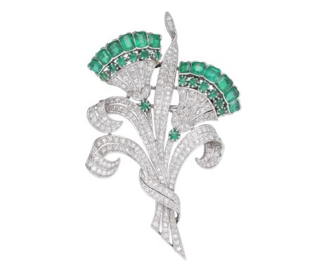 EMERALD AND DIAMOND FLORAL SPRAY BROOCHCushion-shaped and step-cut emeralds and single-cut diamonds, diamonds approx. 3.00cts