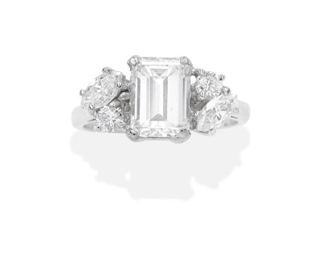 DIAMOND RINGThe emerald-cut diamond set between brilliant and marquise-cut diamond shoulders, principal diamond approx. 1.75c