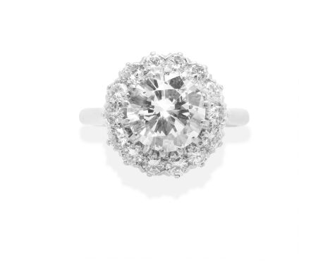 DIAMOND CLUSTER RINGPrincipal brilliant-cut diamond weighing 2.33 carats, in a similarly-cut diamond surround, remaining diam