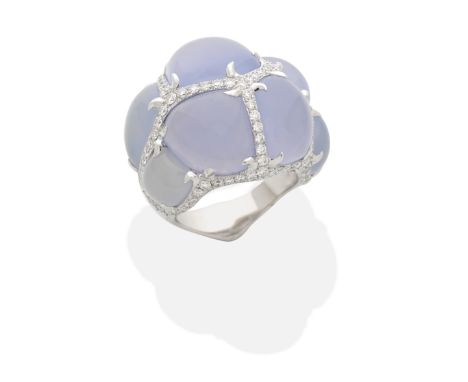 CHALCEDONY AND DIAMOND DRESS RINGOf bombé design, cabochon blue chalcedony and brilliant-cut diamonds, diamonds approx. 1.50c