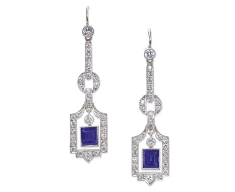 SAPPHIRE AND DIAMOND PENDENT EARRINGS, EARLY 20TH CENTURYEach step-cut sapphire within an old brilliant, brilliant and single