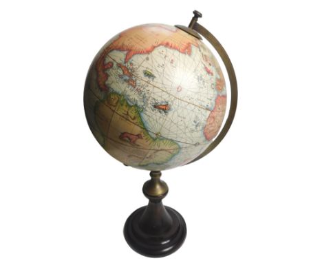 A reproduction table globe, on a tapering base, a reproduction of a 16thC globe, 61cm high.