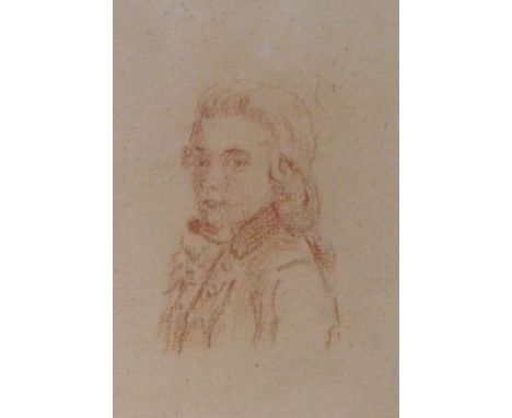18thC English School. Head and shoulder portrait of Mozart, red crayon, 20.5cm x 14cm.