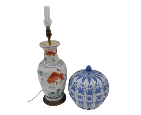 A Chinese porcelain vase, decorated with koi carp, flowers, etc., with a crackle glaze, converted to a table lamp, the vase 3