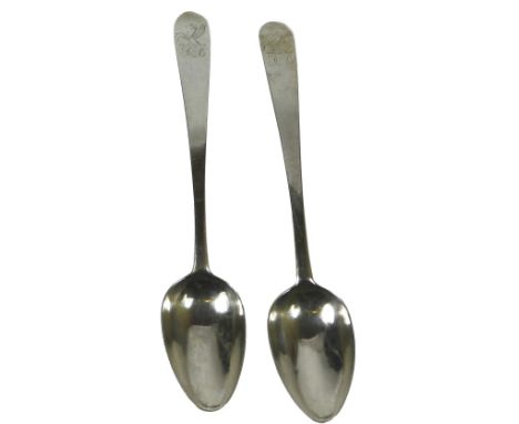 A pair of George III silver Old English pattern tablespoons, engraved with a Pegasus crest and monogram, Dublin 1786, makers 
