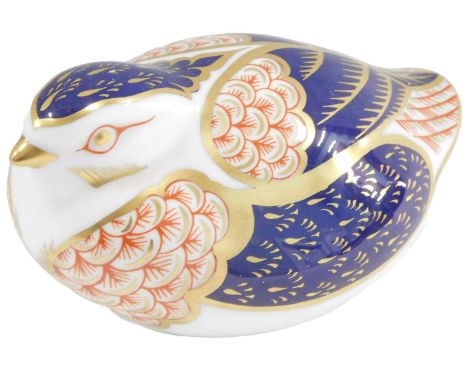  A Royal Crown Derby porcelain quail paperweight, unmarked, gold button to underside, 11cm wide. 