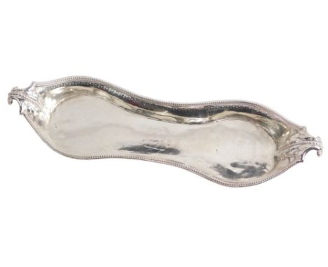 A George III silver snuffer tray, of hourglass form, with beaded borders, leaf cast handles and indistinct armorial to centre