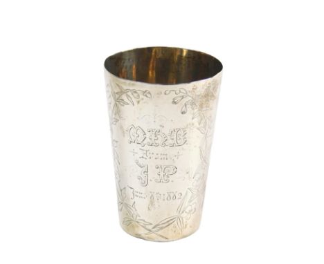 A Victorian silver measure, engraved with initials M.H.B from J.P June 8th 1882, with a floral cartouche, unmarked but tested