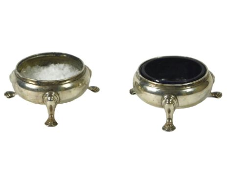 A pair of George V silver salts, in mid 18thC style, with three scroll feet, Birmingham 1912, 5 1/4oz.