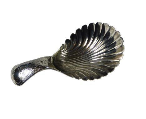 A George III silver caddy spoon, with a shell shaped bowl, Birmingham 1794, makers mark I.T., possibly Joseph Taylor, 0.25oz.