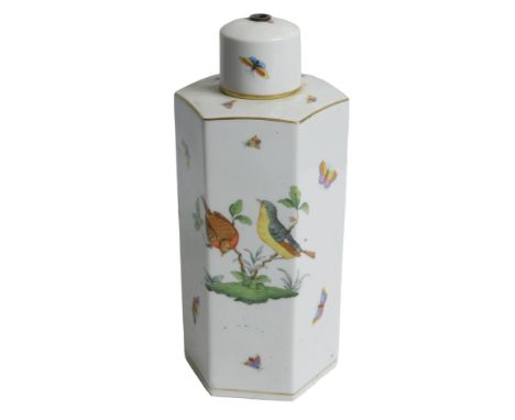 A Herend porcelain lamp base, of hexagonal form, decorated with the Rothschild's bird pattern, 28cm high.