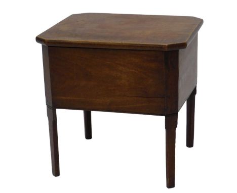 A 19thC mahogany box commode, the square hinged canted top enclosing a refitted interior, chamfered legs, 50cm wide. 