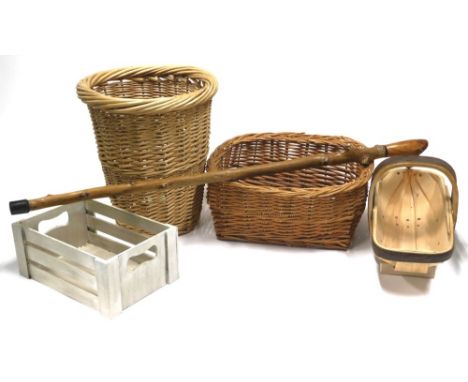 A hand made walking stick, with vacant presentation tablet, chess board, baskets, etc.