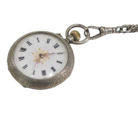 An early 20thC lady's silver cased pocket watch, open face, keyless wind, circular enamel dial bearing Roman numerals, DF&amp
