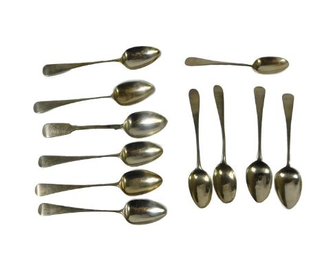 Ten George III silver Old English pattern teaspoons, various dates, etc, 4.34oz.