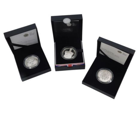 A Royal Mint 90th Birthday of Her Majesty The Queen five pound silver proof coin 2016, 2010 Restoration of the Monarchy five 