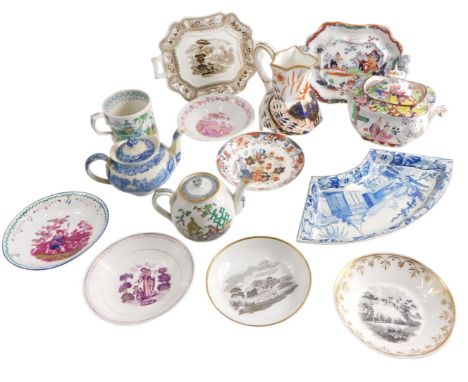A collection of 19thC transfer printed ceramics, to include two handled sugar bowl and cover, with multicoloured bands, Staff