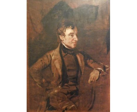 Attributed to Sir George Hayter (1792-1871). Portrait of Benjamin Disraeli, three quarter length seated, a sketch, oil on can