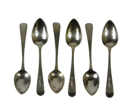 A set of six George III silver Old English pattern teaspoons, each with bright cut decoration and initialled F.I. London 1805