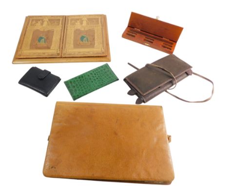 A calligraphy box, containing a quill pen, a leather desk blotter, decorated with Viking boats, etc., and other similar items