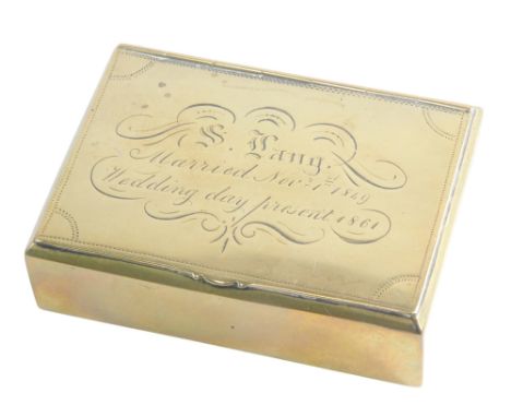 A Victorian brass snuff box, engraved to the top S Lang Married November 1st 1849 Wedding Day Present 1861, 19.5cm wide.