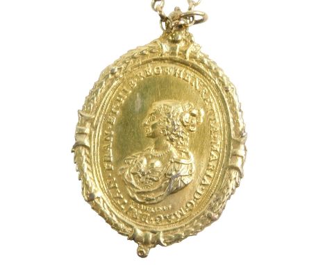 A Charles I and Henrietta Maria silver gilt Royalist badge and chain, the double sided pendant depicting the two figures, on 