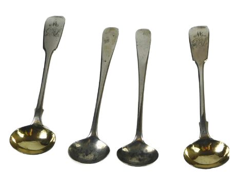 A pair of Victorian silver fiddle pattern salt spoons, each with an engraved gilt bowl, London 1854, and another pair, 1805.