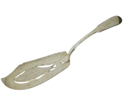 An early 19thC silver fiddle pattern fish slice, the pierced blade engraved with fish, double strike to maker, 4 1/4oz.
