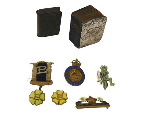 An Edward VII Vesta case, together with a silver mounted prayer book, and various badges to include special service 1891, etc