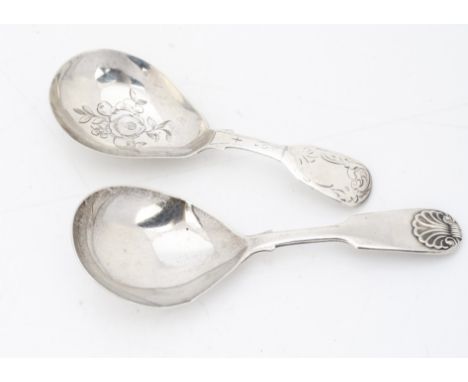 Two Victorian silver tea caddy spoons, one fiddle pattern with engraved bowl and handle, the other fiddle pattern with shell