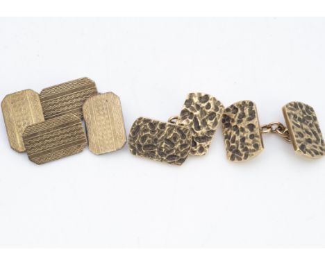 A pair of 9ct gold textured link cufflinks, the rectangular panels linked by an oval chain, 1.8cm x 1.1cm, 14.7g together wit