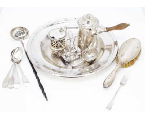 A Georgian period toddy ladle, with inset George III shilling, together with a ladle bowl, a silver plated café au lait pot, 