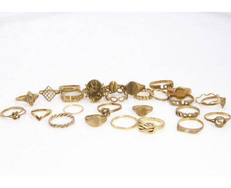 A collection of twenty six 9ct gold dress rings, including lady's signet rings, hinged locket ring, another spelling MUM and 