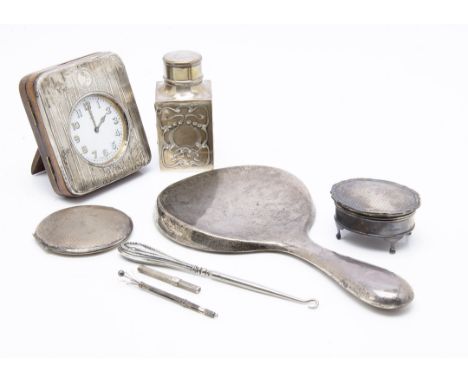 Eight silver collectable items, including a Goliath pocket watch, AF, in a silver front and wooden case, a compact, a silver 