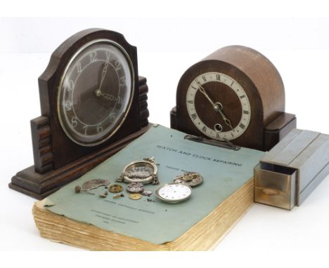 A box of vintage watch repairing tools and spare parts for watches and clocks, including a Robur glass setting set, several t