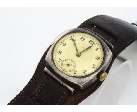 A c1930s Rolex silver trench style wristwatch, 31mm case, not running, enamel dial cracked, movement AF, rear cover numbered 