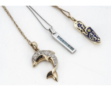 A 9ct gold and diamond dolphin pendant, together with a 9ct gold topaz drop pendant and a continental yellow metal and enamel