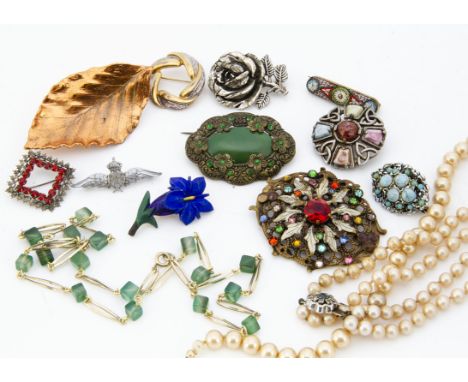 A miracle costume Celtic style brooch, a micro mosaic bar brooch, various costume brooches, necklaces and bracelets, a parcel