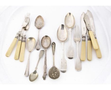 Two Victorian silver dessert spoons and a fork, 4.2ozt, together with a Huckleberry Hound spoon and several spoons and fish e