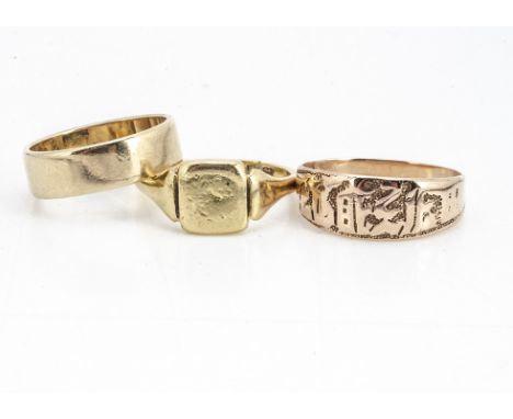 An 18ct gold lady's signet ring, 3.6g, ring size K (af to shank) and two 9ct gold bands, ring size L and I, 5g (3)