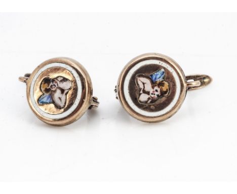 A pair of 19th Century gold and enamel circular earrings, centred with winged cherubs within a white enamel border marked FOM