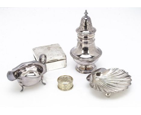 An Art Deco silver cigarette box, together with a silver plated sugar sifter, napkin ring, shell dish and sauce boat (5)