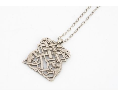 An Irish silver Celtic design pendant, with interlocking mythical beasts on a fine silver chain, 24cm