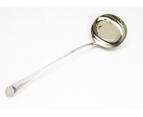 A late George III silver soup ladle by SH, old English pattern, 5.45ozt, overall good, not engraved, 33cm, London 1813