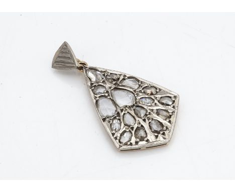A Russian platinum and gold Art Deco style diamond pendant, the rose cut natural diamonds in a pave setting in lozenge form w